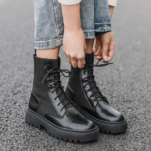 

boots 2021 black pu leather knitted women ankle lace-up thick platform shoes fashion block heels ladies motorcycle sock