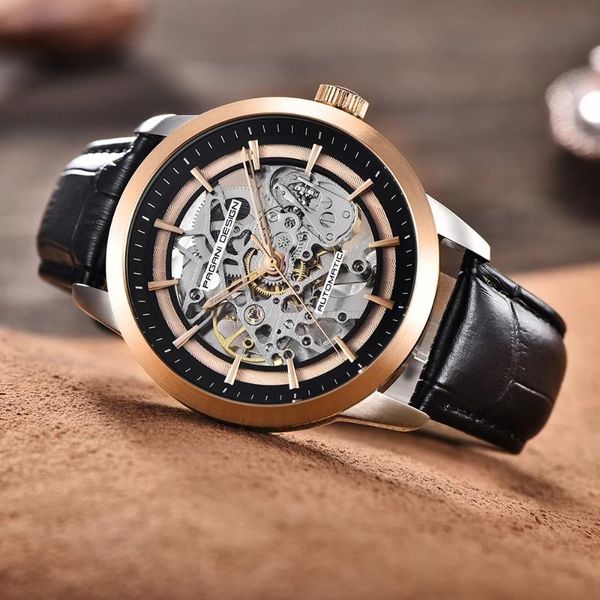 

wristwatches pagani design luxury men's automatic business mechanical watch leather skeleton hollow clock waterproof men, Slivery;brown