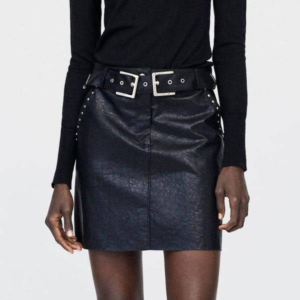 

skirts fashion 2021 spring women pu leather rivet mini skirt sashes pockets female solid black casual short faldas mujer