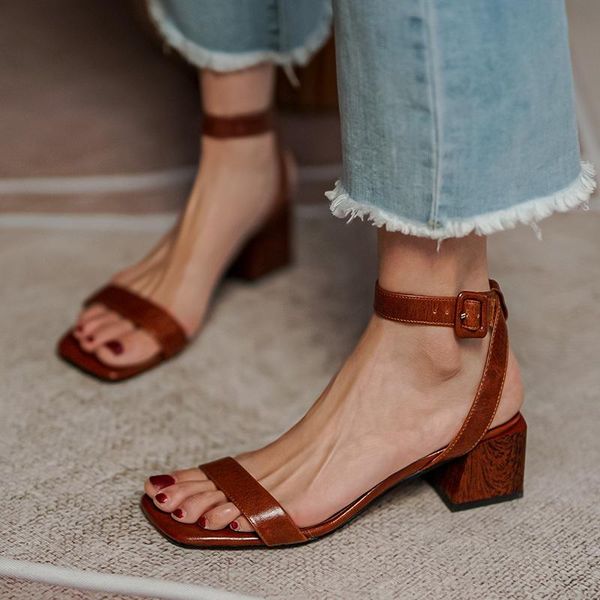 

females fashion shoes sandals 2021 summer women genuine leather woman heel, Black