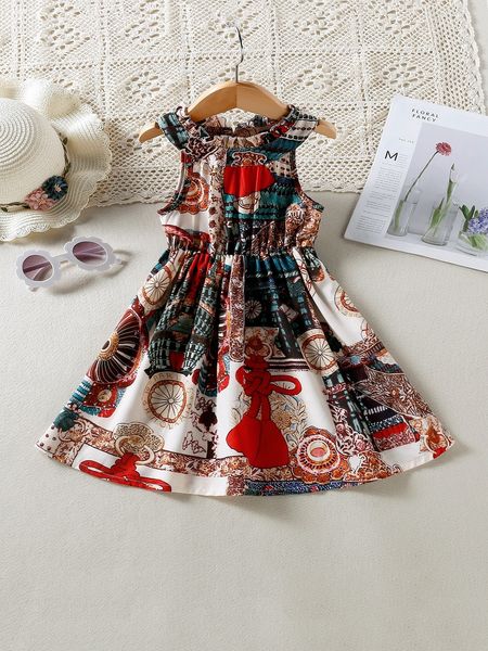 

toddler girls patchwork print frill trim halter dress she, Red;yellow