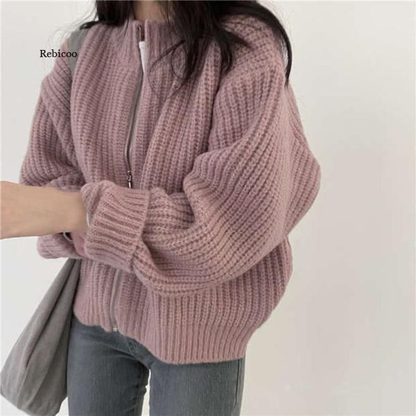 

women's knits & tees autumn winter sweaters zipper cardigans oversize korean elegant wild lady knitwears, White