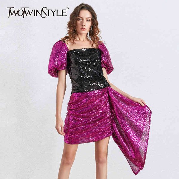 

twotwinstyle patchwork sequin two piece set for women square collar puff short sleeve high waist skirt sets female 210517, White