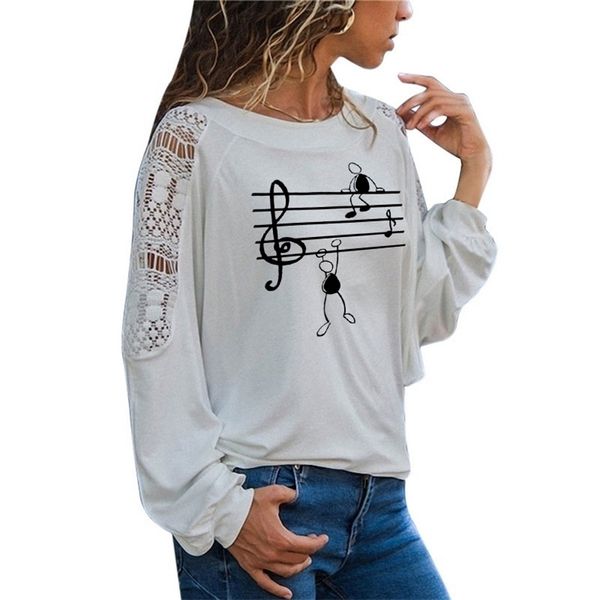 Музыкальные ноты веселые печатные футболки женщин осень животных с длинным рукавом футболки Harajuku девушка вскользь большой размер свободных кружева топ 210330