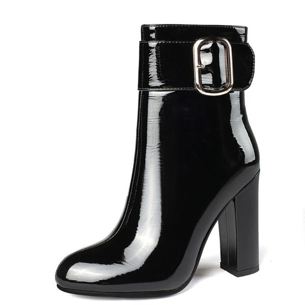 

boots fanyuan 2021 arrive autumn winter ankle women round toe patent leather pu buckle high heel party wedding shoes woman, Black