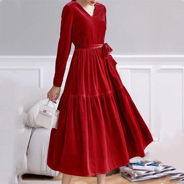 

casual dresses 2022 women long sleeve velvet dress autunm vintage lace up party female v-nexk velour maxi vestidos, Black;gray