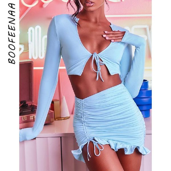 

women's tracksuits boofeenaa 2021 fall club outfits for women long sleeve crop 2 piece skirt sets ruched bodycon dress suit c18-db3, Gray