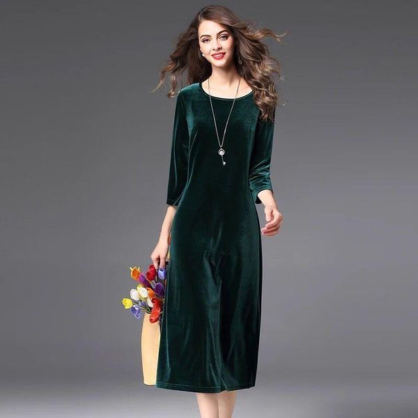 

casual dresses plus size -7xl spring summer velvet dress women three quarter sleeve slim solid color soft ladies vestidos1 rtss, Black;gray
