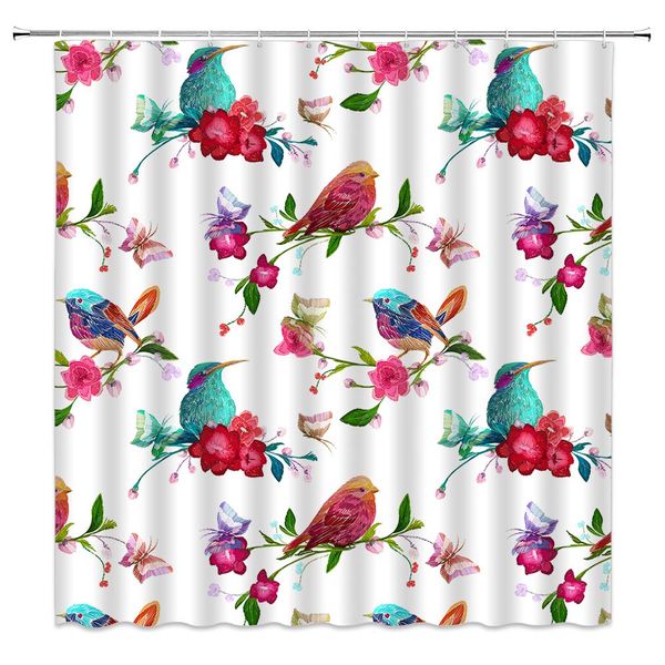 

flower shower curtain birds standing on flower branches spring theme watercolor abstract polyester cloth fabric bathroom decor