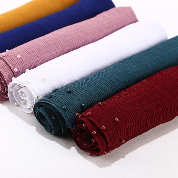 

scarves 2021 summer muslim solid color plain pleated pearl beaded chiffon hijab scarf women wrinkle crinkle jersey scarfs for ladies, Blue;gray