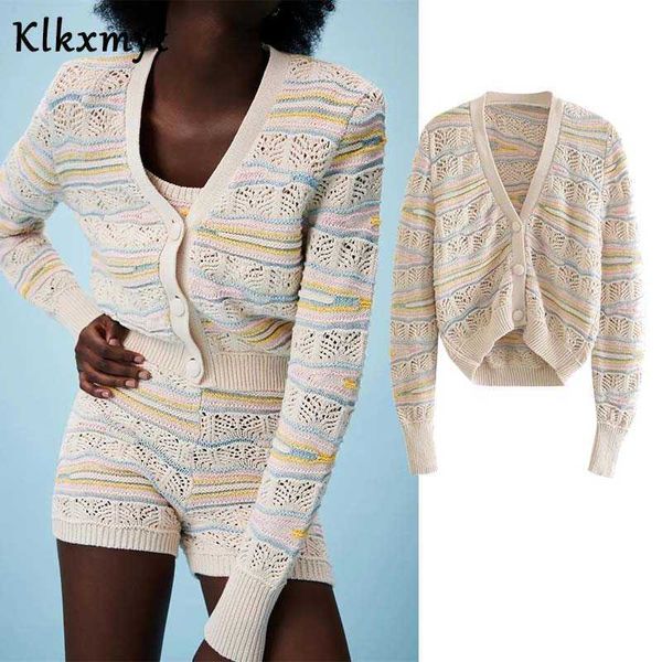 Klkxmyt za mulheres vintage jacquard malha pano crochet tricô camisola cardigan feminino v neck slow sleeve tops casuais 210527