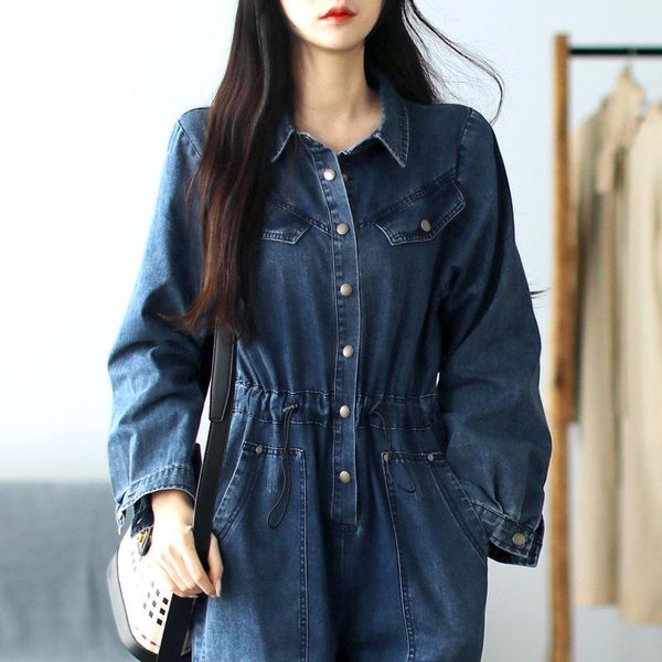

women's jumpsuits & rompers spring women retro denim overalls 2021 turn-down collar button drawstring slim-type, Black;white