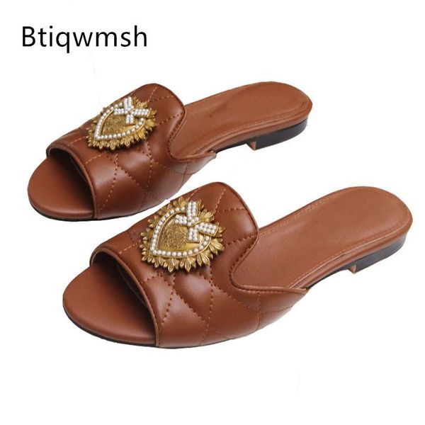 

brown real leather beach slippers women open toe metal heart decor flat shoes woman mules sandals, Black