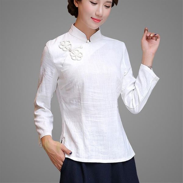 

women's blouses & shirts autumn multicolor nine quarter ladies' cotton linen shirt blouse chinese traditional formal s -xxl tc763, White