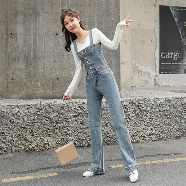 

denim pocket jeans loose women rompers high waist overalls straight pants suspender femme w369, Black;white