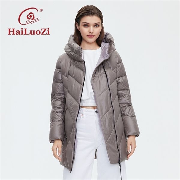 

hailuozi women's coat short high collar hood winter jacket fashion diagonal zipper female parka classic outwear 6036 211216, Black