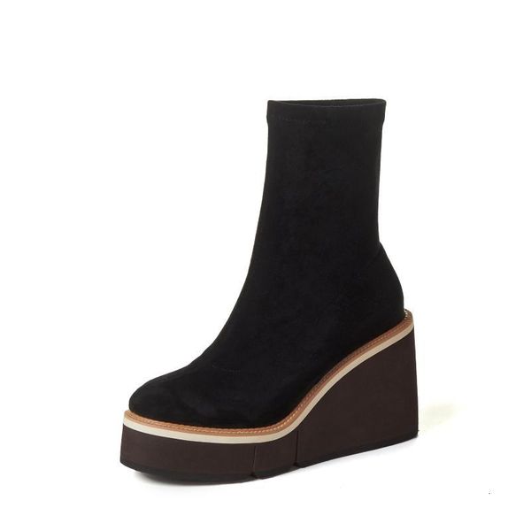 

boots lenkisen riding flock wedges platform quality round toe super high heel slip on stretch cozy over-the-knee l7f1 16em, Black