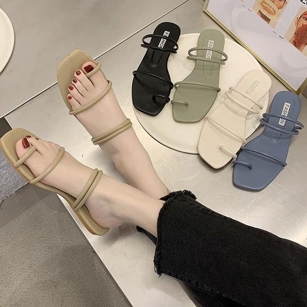 

summer pu leather women sandals cross flat woman slippers sweet office business female shoes square toe beach slides, Black