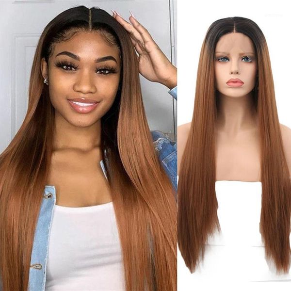

wigs synthetic lace front hair ombre brown silky straight with middle parting glueless heat fiber for black women1