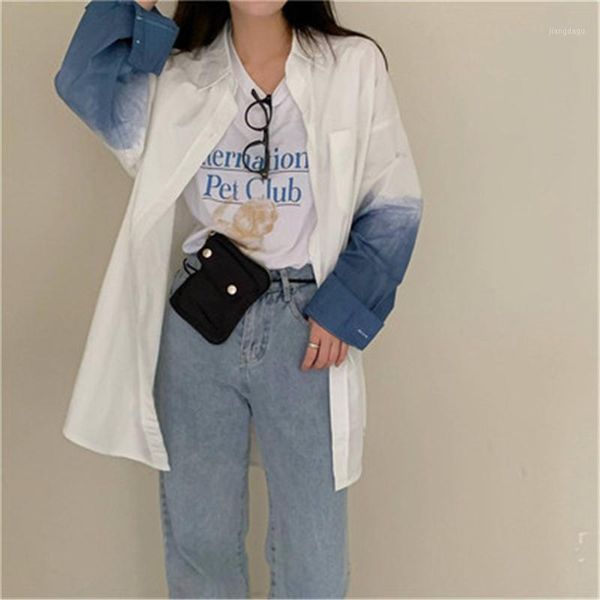 

women's tie dye shirts fall minimalist casual loose collar mid-length blouses for female streetwear outwear shirt top, White