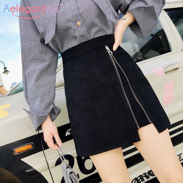 

aelegantmis suede fabric high waist chic women mini skirt elegant black casual slim summer short ladies a-line s 210607