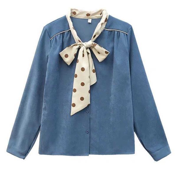 

perhaps u women blue dot bow collar long sleeve shirt patchwork high street autumn b0234 210529, White
