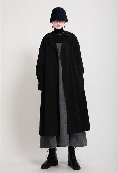

msxu black long trench jacket on the knee woman's wool coat
