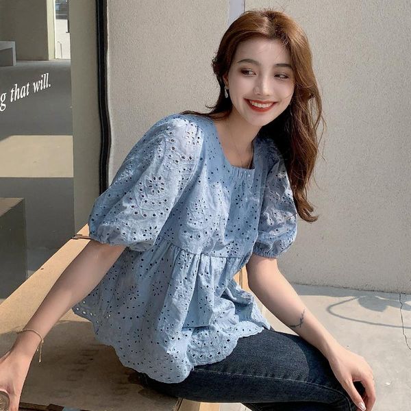 

women's blouses & shirts blouse women summer 2021 cute short sleeve lace loose hollow out high waist o-neck blusas womens and, White