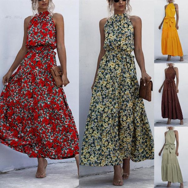 

casual dresses summer elegant beach women dress 2021 long print flowers polka-dot strap ladies halter boho vintage party, Black;gray