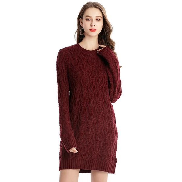 

casual dresses autumn winter solid knitted cotton sweater thick warm women o-neck dress female long sleeve xz628, Black;gray