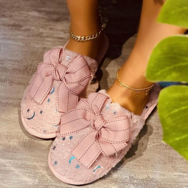

easy-to-wear women's slippers in winter plush bowknot at home, warm and light all-match sandals women indoor#, Black