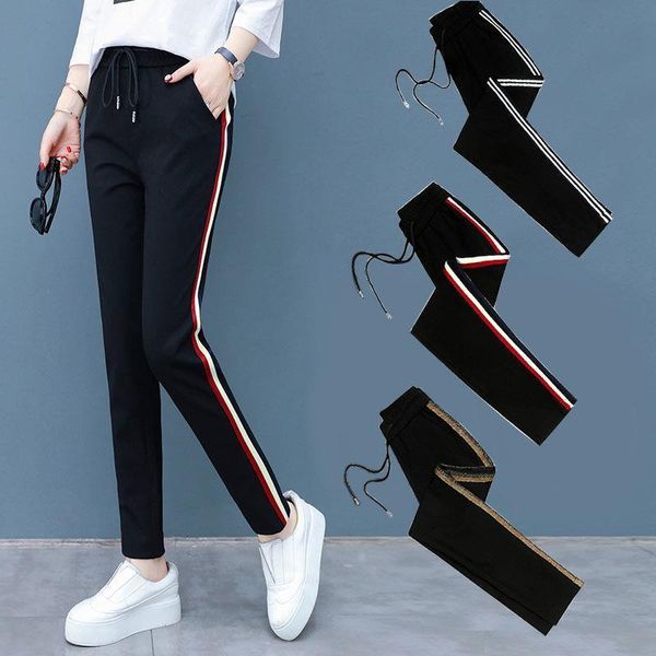 

sport stripe long midweight casual women capris elastic drawstring trousers big size pockets student fitness clothes, Black;white