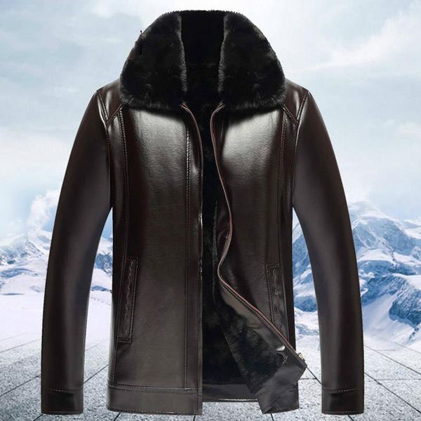

fashion men's pu leather jacket mens brand clothing thermal outerwear winter fur male plus velvet size 4xl & faux, Black
