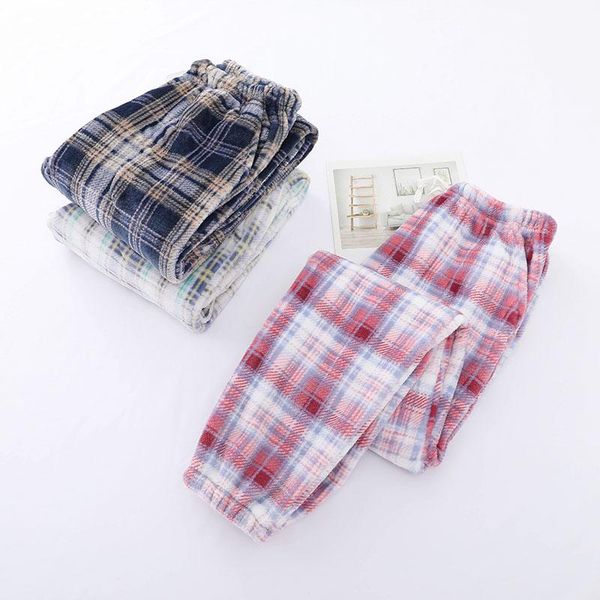 

women's sleepwear flannel pajamas autumn and winter couples japanese plaid thick coral fleece warm trousers men's home pants elast, Black;red