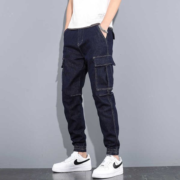 

men's jeans japanese vintage fashion ankle banded designer big pocket denim cargo pants streetwear hip hop joggers harem 3o46, Blue