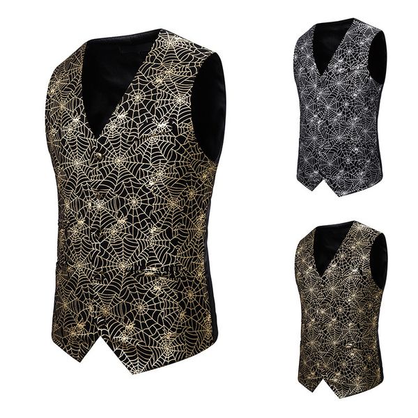 

Fashion Vest Style Men' Waistcoat Slim Spider Web Gilded Printed, Gold