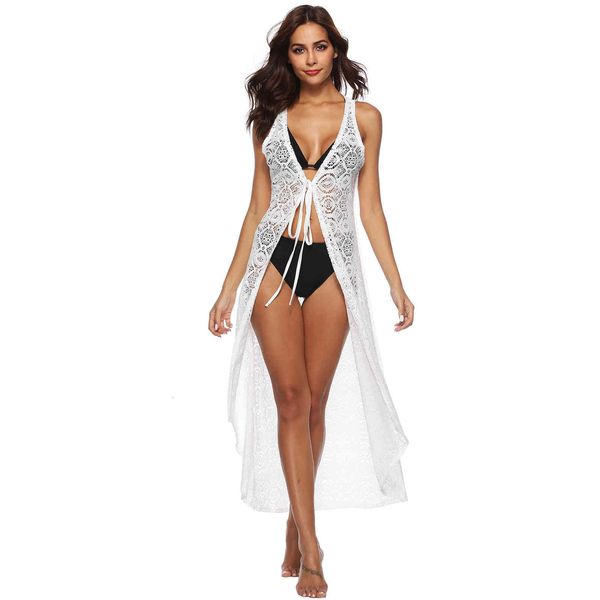 

women's women beach bikini cover ups swimwear lace crochet perspective drawstring long cardigan blouses sunscreen bathing sui, White;black