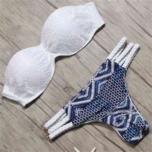 Sexy sólido biquíni patchwork roupa de banho mulheres laço scallop borda bandeau conjunto swimwear feminino verão banhos de verão 210625