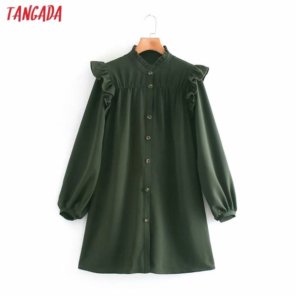 Tangada Moda Mulheres Verde Ruffles Mini Vestido Nova Chegada Longa Manga Ladies Camisa Vestidos XN60 210409