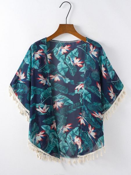 

plant print tassel detail kimono h7hx#, White;black