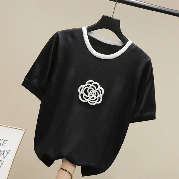

women's sweaters korean fashion beading flower ice silk knitted pullover patchwork summer thin floral short sleeve o-neck black wh, White;black