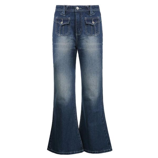 

women's jeans p8db women vintage low rise cargo flared flap pockets bell bottom denim pants, Blue