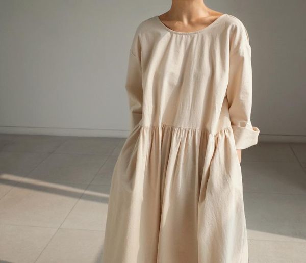 

casual dresses round neck short sleeve women cotton linen long dress korean style solid color vestidos nmp7, Black;gray