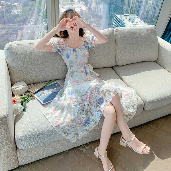 

summer elegant flower print lace dress women vintage square collar female french casual holiday lady vestidos 210529, Black;gray