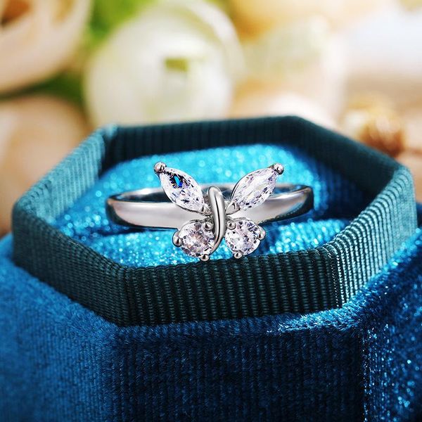 

wedding rings luxury cz silver color crystal butterfly women cubic zirconia delicate bridal party fashion jewelry, Slivery;golden