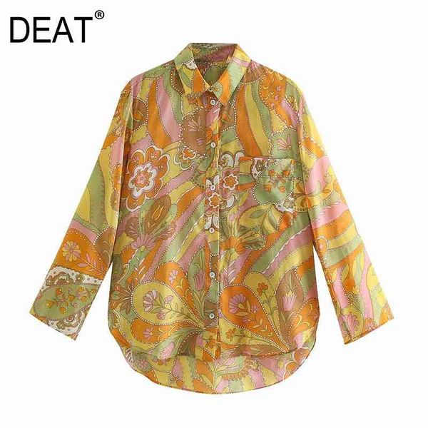 

[deat] spring summer fashion blouse turn-down collar long sleeve printing loose elegant women shirt 13q575 210527, White