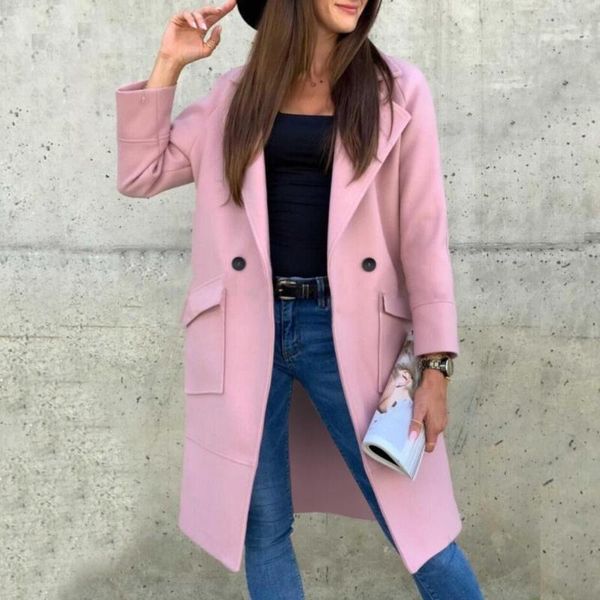 

women's wool & blends winter/autumn jacket solid color overcoat lapel buttons pockets long coat, Black