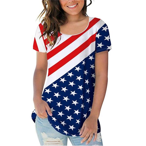 

45#summer harajuku t-shirt ladies round neck short sleeve independence day flag printed women t shirts women's, White