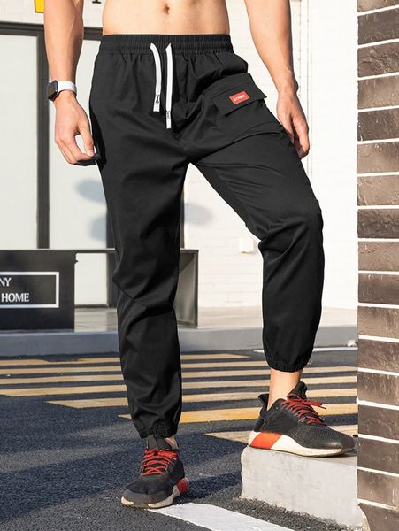 

men letter patch detail drawstring waist pants p8hg#, Black