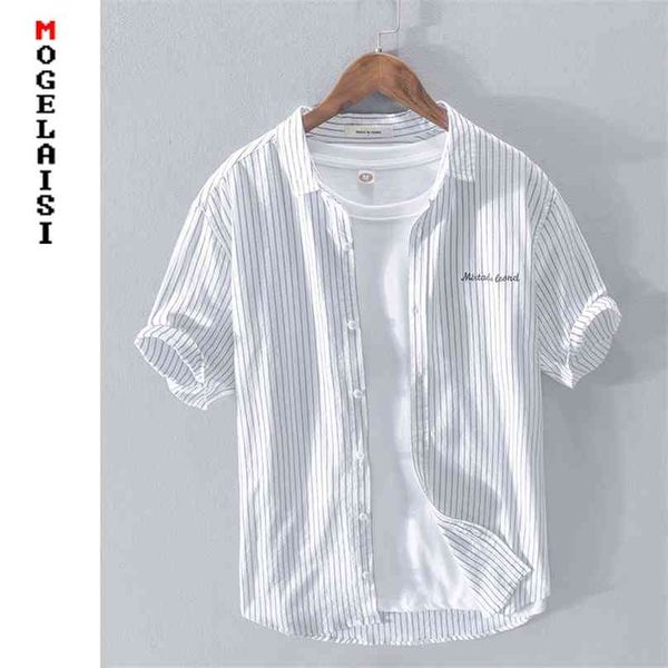 

fashion men white striped shirt 100% short sleeve summer embroidery breathable shirts for man clothing rc214 210626, White;black